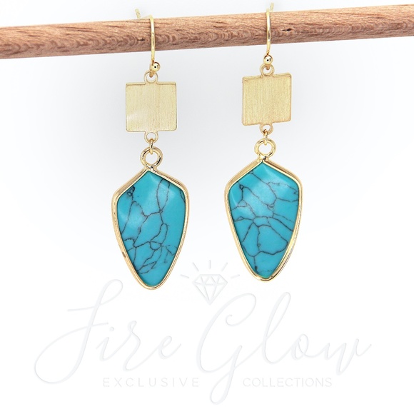 Fire Glow Jewelry - Turquoise Arrowhead Drop Earrings Brushed Square